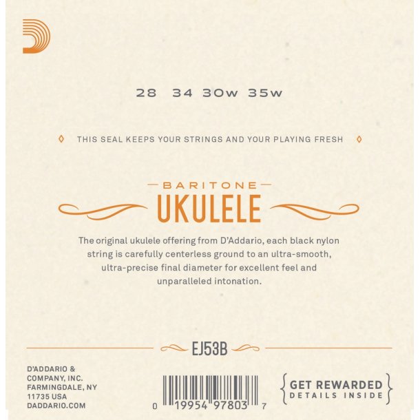D'Addario EJ53B Ukulele Baritone Hawaiian Black Nylon